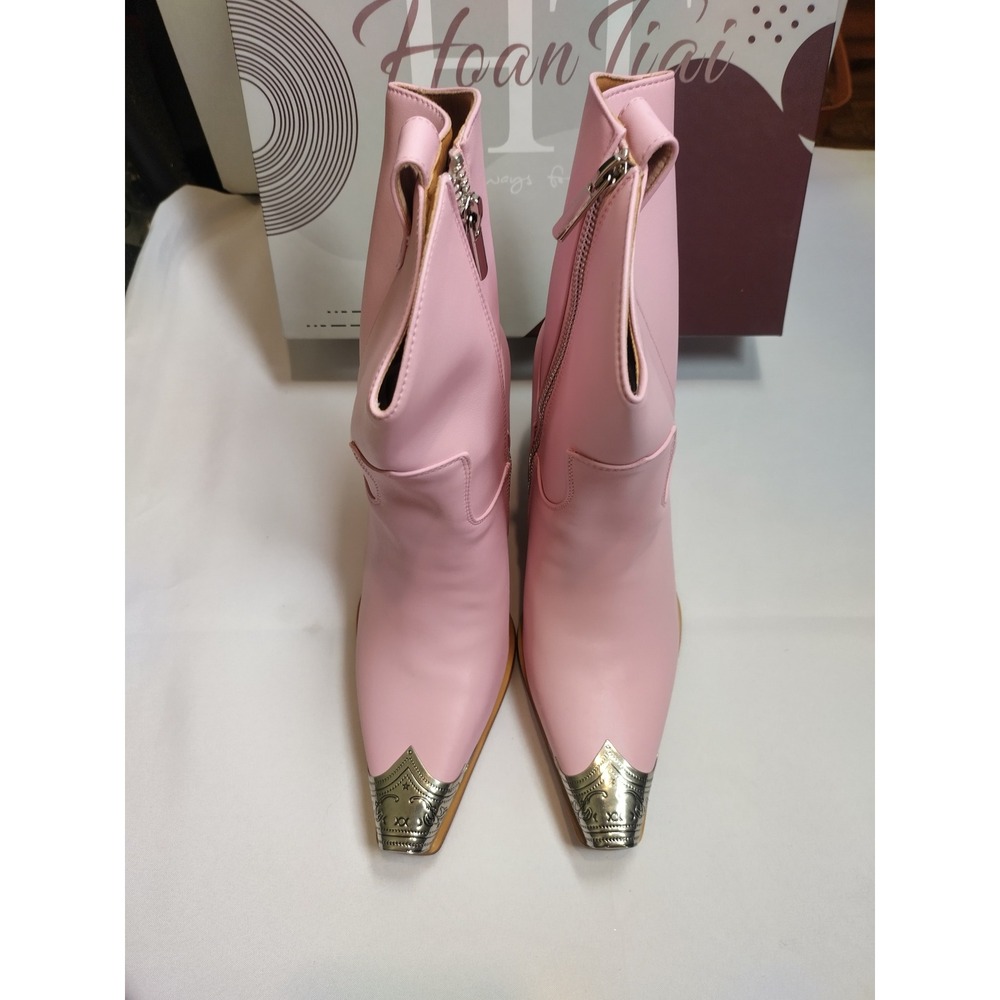 Hoan Tiai Womens Pink Western Ankle Boots Engraved Metal Toe Block Heel Size 39